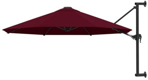 Sombrilla de pared color burdeos 300 cm, pantalla de poliéster resistente a los rayos UV con mástil de metal, 8 varillas resistentes, parasol inclinable con manivela, incluye accesorios de montaje