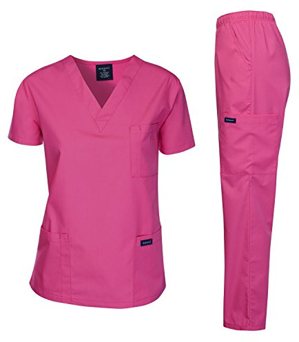 Dagacci Scrubs Medical Uniform Women and Man Scrubs Set Medical Scrubs Top and Pants, Hot Pink, XXXXL