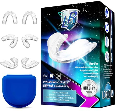 LORIOUS Mouthguard - One Size Fits All Premium Set of 6 BPA Free Moldable, Customizable and Trimmable Medical Grade Mouth Guard for Grinding Teeth Clenching Bruxism, Sport Athletic, Whitening Tray