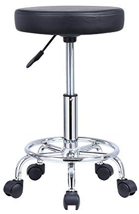 KKTONER PU Leather Round Rolling Stool with Foot Rest Swivel Height Adjustment Spa Drafting Salon Tattoo Work Office Massage Stools Task Chair (Black)