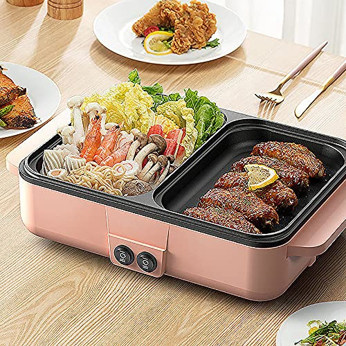 DENESTUS Portable Electric Grill,2 in 1 Indoor Non-Stick Electric Hot Pot and Teppanyaki Pan for BBQ,Steaks,Adjustable Temperature Control 110V (Pink)