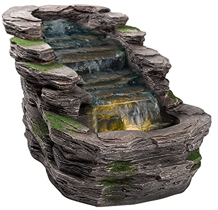Waterfall Water Feature with LED Light | Rock Stone Cascading Water Feature for the Garden, Outdoor, Self Contained - 58 x 42 x 37cm