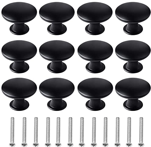 kuou 12 Pcs 30mm Black Matted Round Cabinet Knobs, Kitchen Cupboard Handles, Vintage Style, 12 Screws Included