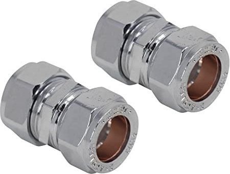 Pipestation Lot de 2 connecteurs droits à compression de 15 mm – Joints de compression chromés pour raccords de tuyauterie en cuivre – Raccord de tuyau de plomberie – Facile à installer