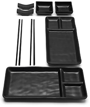 Goliber Vajilla Sushi Japonés (8 Piezas) – 2 Platos Individuales (19 X 14 Cm), 2 Tazones Para Salsa, 2 Pares De Palillos, 2 Soportes Para Palillos. En Melamina. Negro