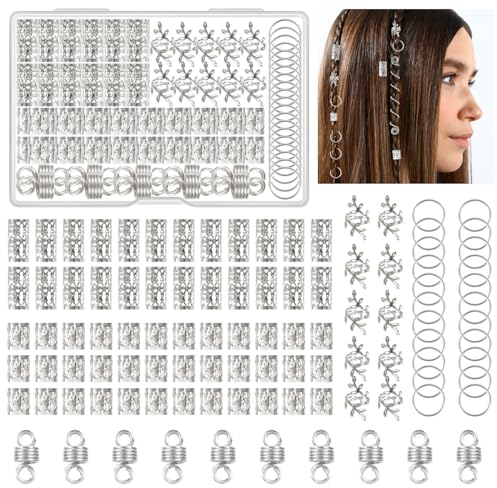 Kieswan 100 pezzi dreadlocks gioielli vichinghi per capelli in argento, anelli per capelli in metallo per trecce, forcine regolabili per capelli, accessori per la decorazione