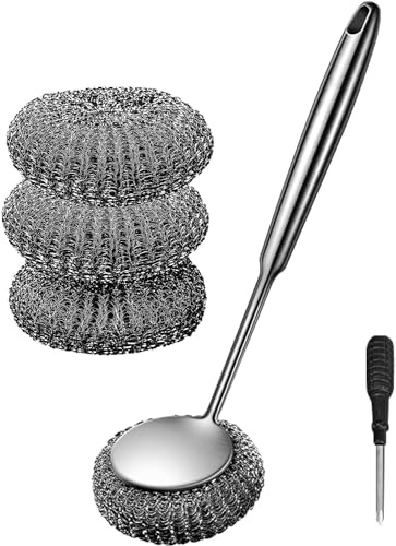 Stainless Steel Scourer Scrub Set with Long Handle, Reusable 304 Stainless Steel Metal Scrubber Cleaning Dish Brush for Pots Pans Grills Sink Bake Ware (B)