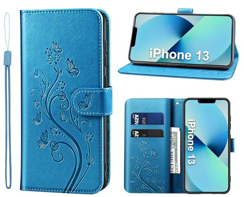 KRAFTCARE Mobiltelefonskal för iPhone 13 Med Kortfack, Pengar, Plats, Stativ, Magnetisk Stängning - Flip Skal, Läder, Skyddande Fodral, Blå