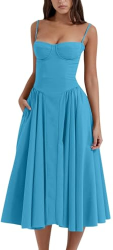 Vestido midi sin mangas con tirantes delgados, vestido midi bustier, vestido moderno acampanado con bolsillo, azul, S