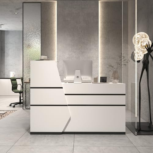 DEZAGCE Tavolo da reception, grande bancone di reception, tavolo da reception con 1 cassetto e 2 ripiani, banchi di ricevimento, bianco, 140 x 100 x 110 cm