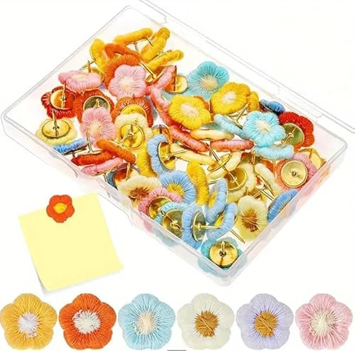 30Pcs Flower Decorative Push Pins, 6 Colors Colorful Thumb Tacks for Cork Board Bulletin Board Map Photo Office Home Decor