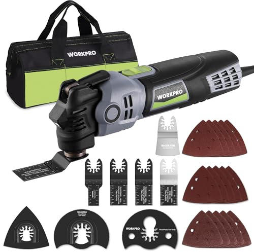 WORKPRO Herramienta Oscilante 400 W, Multiherramienta Eléctrica con 23 Accesorios y Bolsa, 6 Velocidades (15000–22000 RPM), Ángulo de Oscilación de 3,5°, Ideal para Cortar, Lijar y Raspado