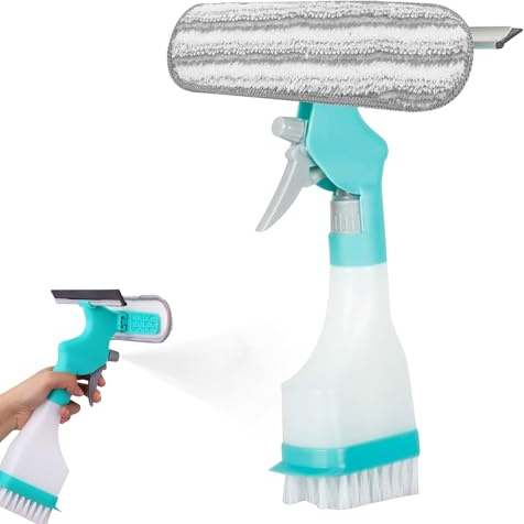 4 in 1Fensterabzieher 26cm & Sprühwischer, kratzfreier Microfaser Wischmop, 250ml Sprühflasche, Fensterputzer, Putzbürste für Fenster, Dusche, Bad, Küche, Fliesen, Auto, Spiegel & Haushalt