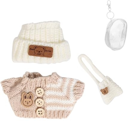 LEWOTE Set di Abbigliamento per Bambola 17cm, Cappello Abito Ornamenti Accessori Set [Con Borsa di Stoccaggio di Abbigliamento Bambola] (White Hat/Rice Jacket/White Bag)