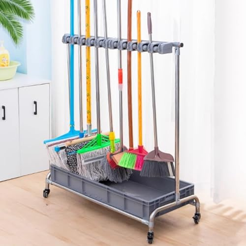 Mop Broom Holder,Stainless Steel Mop Rack, Broom Holder Organizer, Movable Closet Storage Cabinet Janitor Carts On Wheels, Cleaning Supplies Organizer