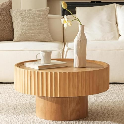 Cagnolier Couchtisch Rund Holz, Coffee Table mit Geriffeltem Design, Wohnzimmertisch Rund in Pilzform mit Den φ70×38 cm, Runder Couchtisch aus Kiefernholz für Wohnzimmer, Zimmer und Balkon(Natural)