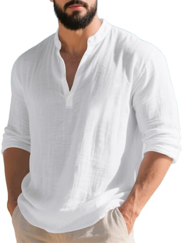 TAFLE Mens Linen Henley Shirts Casual Long Sleeve Hippie Yoga Tops Lightweight Summer Beach T-Shirt White