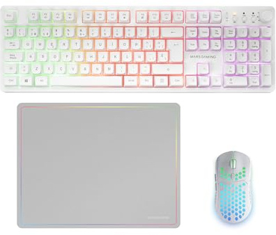 Mars Gaming MCPWX, Italiano, Combo Gaming Senza Fili, Tecnologia DualPro Link 2.4GPRO, Tastiera Completa FRGB con Controllo Multimediale + Mouse RGB 3200DPI + Tappetino Antiscivolo 360x260mm, Bianco