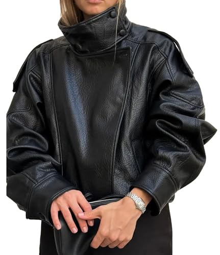Molilove Women's Leather Jacket Casual Fall Zip Up Jacket Racer Varsity Jackets Biker Motor Coat Outwear, Black, L