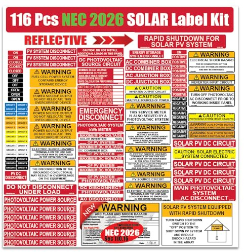 Littversions 116 Pack NEC 2026/2023/2020/2017 Code Compliant Photovoltaic Solar Panel Label Kit Electrical Panel Safety Stickers Outdoor Rated Waterproof Laminated