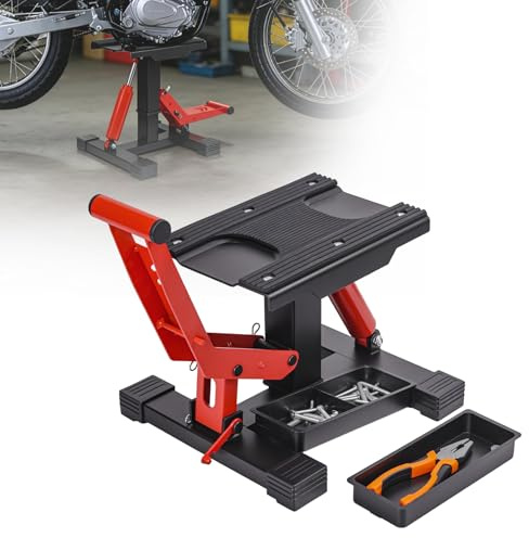 Hydraulic Dirtbike Lift Stand 1000 LBS Motorcycle Stand Lift with Removable Tool Tray Adjustable Height Hoist Table with Extra Large and Non-Slip Platform for Dirt Bike, Motorcycle, E Bike & Motocross