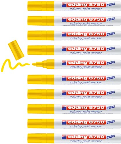 edding 8750 industry paint marker - jaune - 10 stylos - pointe ronde 2-4 mm - marqueur pour peinture pour écrire sur des surfaces poussiéreuses et légèrement huileuses, pneus, métal, verre et bois