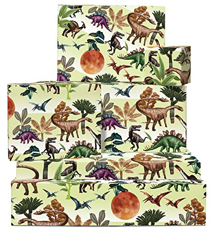 Papel de regalo de dinosaurios - 6 hojas de papel de regalo con etiquetas - Luna, planta - Papel de regalo verde para niños y niñas - Para cumpleaños o baby shower - con pegatinas - Central 23