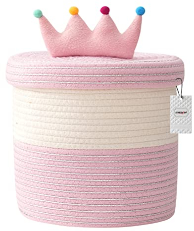 Inwagui Mädchen Aufbewahrungskorb Geflochtener Baumwollseil Korb Faltbare Aufbewahrungsbox Kinderzimmer Spielzeug Organizer Schön Dekorativer Korb mit Deckel, 25x25 cm, Rosa