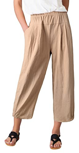 PASUDA Pantalon Femme Été Coton Lin 7/8 Pantalons Fluide Large Taille Haute Elastique Décontractée Pantacourt Solide Couleur Léger Sport Longueur Pants avec Poches (Kaki, XL)