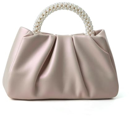 Beatfull Bolso de noche para mujer, pequeño bolso de mano de perlas de cuero suave, bolso fruncido para boda, novia, fiesta, graduación, bandolera, Rosado