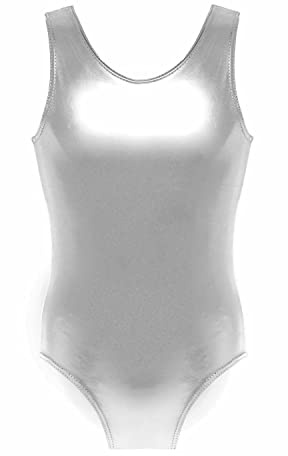 Prime fashions - Shiny Metallic Wet Look Sleeveless Sexy Bodysuit - High Cut (Silver, 13-14 Years)