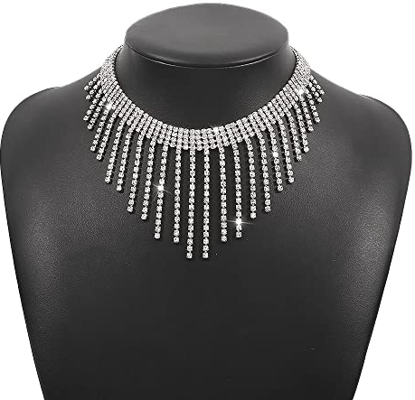 Weenkeey Quaste Strass Halsketten Strass Choker Halskette Sparkly Kristall Halsbänder Kette für Frauen Mädchen - Silber
