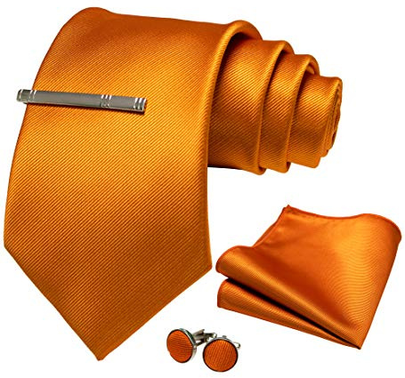 JEMYGINS Hommes Cravate Extra Longue de 9cm de Large avec Pochette et Pince à Cravate - Ensemble Idéal pour Mariages et Fêtes orange