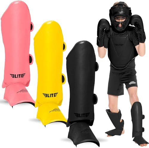 Elite Sports Muay Thai MMA Kickboxing Boys and Girls Shin Guards for Age 4 to 14 Years, Instep Guard Sparring Protective Leg Shin Kick Pads for Kids (Large, Black)