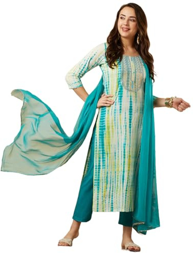 GoSriKi Ladies Cotton Blend Straight Printed Kurta with Pants and Dupatta, blue, L