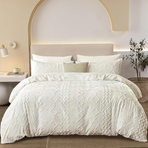 DXHOME Ropa de cama Boho de 135 x 200 cm, color beige y crema, con bordado, lisos, estilo bohemio, geométrica, suave, microfibra, funda nórdica con cremallera + 1 funda de almohada de 80 x 80 cm