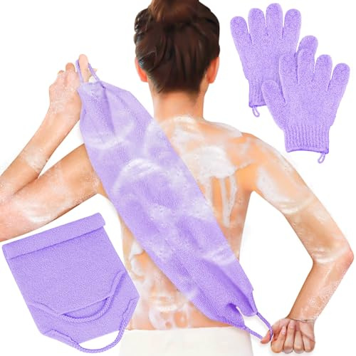 Anezus Juego de guantes de baño exfoliantes para la espalda, toalla de ducha exfoliante con guantes de ducha para exfoliación corporal, guantes de lavado para eliminar la piel muerta (morado)