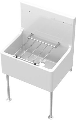Balterley Utility Sink with Grill and Legs, Fireclay Ceramic Cleaner Sinks, Traditional Wall Mounted Tall Splashback Utility Outdoor Sink Unit for Garage and Laundry - 515 x 393 x 535mm (White)