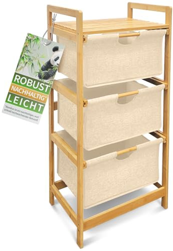 HEIMWERT Wäschekorb Regal 3 Fächer - Stabiler Wäschesortierer aus Bambus Holz - Wäschesammler 44 x 34,5 x 96 cm groß für Badezimmer und Schlafzimmer I Wäsche Organizer mit Textil Korb (Naturweiß)