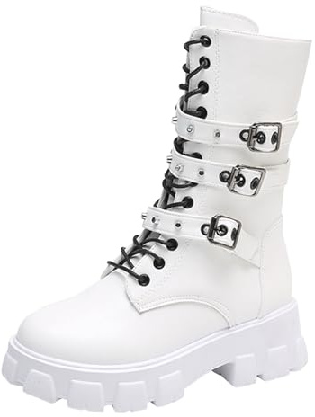 Nidddiv Bottines de motard pour femme - Noir - Style gothique punk - Plateforme - En cuir synthétique - Avec boucle - Bottes longues - Bottes d'hiver à lacets antidérapantes, Blanc., 41 EU