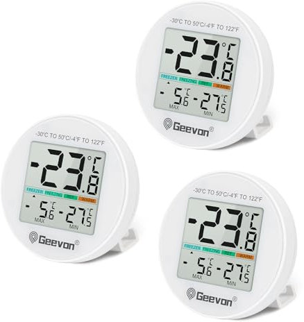 Geevon Termómetro digital mini para frigorífico, IP65, resistente al agua, termostato interior con pantalla LCD, soporte magnético para grabación máxima y mínima, con pilas (8724-WH-3)
