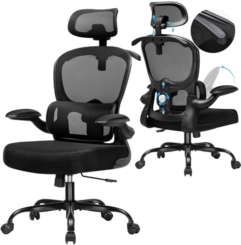 COMHOMA Bürostuhl Ergonomisch, Schreibtischstuhl mit 3D Kopfstütze und Lendenwirbelstütze, Integriertes Kleiderhaken-Design, Abklappbare Armlehne, Gepolstertem Sitzkissen, Belastung bis 150KG (Black)