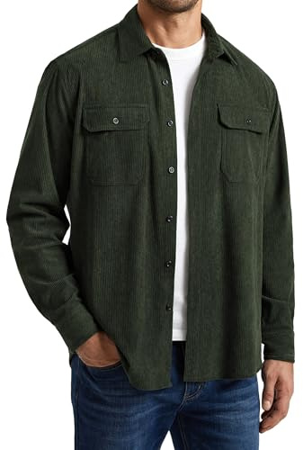 Enlision Giacca Camicia Uomo Velluto a Coste Sovracamicia Leggera Manica Lunga con Tasche a Patta Stile Workwear Vintage Layering Top Verde Militare L