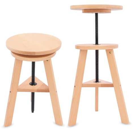 TkkMivcOC Wooden Drafting Stool, Vintage Double-Layer Artist Breakfast Stool, 18.9-25.79 in Adjustable Height, Beech Wood Seat for Home Artists Studio Office Home Kitchen Bars Cafe, Round