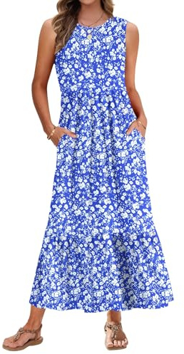 AUSELILY Robe d'Été Femme Longue sans Manches Fleur Bleu Blanc L