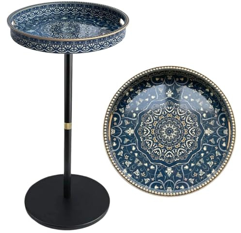Simmer Stone Boho Round Side Table With Tray Top, Pedestal Drink Table for Small Spaces, Aesthetic Accent Nightstand for Living Room, Bedroom, Corners, and Office (Blue Maze)