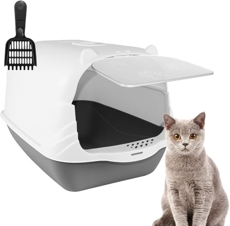 Large Cat Litter Tray Toilet Box, Enclosed Secure Flap Door Lidded Detachable Hood Easy Cleaning, with Charcoal Filter, High Sided Rim Big Extra Spacious, with Cat Litter Scoop, 51 * 37 * 36cm, Grey