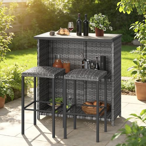 GarveeHome 3 Pcs PE Rattan Bar Table Set, Grey | Outdoor Counter Height Bistro Set, Space Saving Breakfast Bar Furniture with DPC Tabletop for Home Balcony Patio Kitchen