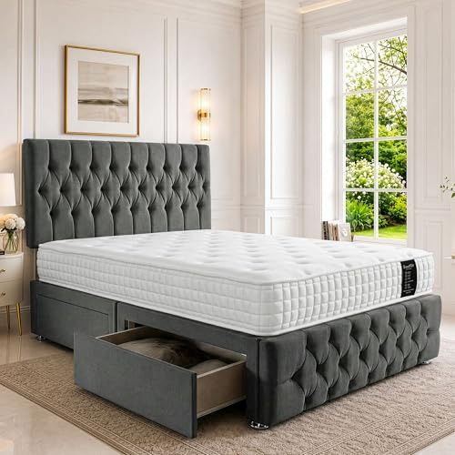 SANA SLEEP Sleek Double Bed 4FT6 with Headboard & Footboard - Dmask Grey Plush Finish - Includes Pocket Sprung Multi-Zone Mattress & 2 Drawers - Sturdy Divan Design for Compact Bedrooms
