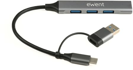 Ewent USB-C hubb med 4 portar, USB-A 3.2 Gen1 5 Gbps, USB-C till USB-adapter med 1 USB 3.2 + 3 USB 2.0-port, premium aluminium, 15 cm kabel, kompatibel MacBook, bärbar dator, Windows, macOS, Linux